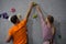 Athletes rock climbing in fitness club