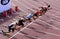 Athletes on the start of the 110 meters hurdles on IAAF World U20 Championship in Tampere, Finland 11 July, 2018.