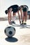 Athletes stretching, soccer player and couple workout on rooftop for sports fitness exercise in summer sun. Urban sports