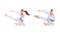 Athletes in white kimono jumping side kick. Man and woman practicing karate martial art set cartoon vector illustration