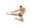 Athletic boxer fighter kicking jumping in the air