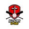 Athletic Christian logo. The golden shield, the cross of Jesus and the baseball with a bat. Emblem for competition, ministry