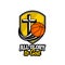 Athletic Christian logo. A golden shield, a cross of Jesus and a flying basketball. Emblem for competition, ministry, conference