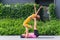 Athletic couple practicing acro yoga or yoga partner together in fitness park