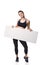 Athletic fitness woman with sign board blank helthy sport isolated white background black clothes