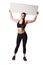 Athletic fitness woman with sign board blank helthy sport isolated white background black clothes