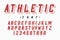 Athletic font, varsity and college alphabet. Original letters and numbers for sportswear, t-shirt, university logo. Vector.