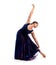 Athletic girl in a dress performs a pose of rhythmic gymnastics