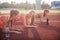 Athletic group of women training on a sunny day doing planking exercise in the stadium.