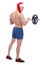 A athletic guy in santa hat is standing with his back and swinging his biceps with a barbell. Isolated.