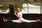 Athletic gymnast girl doing fitness exercise stretching splits