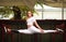 Athletic gymnast girl doing fitness exercise stretching splits