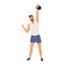 Athletic male lifting kettlebell demonstrate power vector flat illustration. Muscular weightlifter or powerlifter