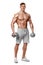 athletic man showing muscular body with dumbbells, full length, isolated over white background. Strong male naked torso abs