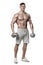 athletic man showing muscular body with dumbbells, full length, isolated over white background. Strong male naked torso abs