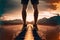Athletic man standing on a road into the sunset, AI Generative