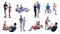 Athletic man and woman doing different exercises with medicine balls on white background, collage