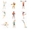 Athletic people doing various kinds of sports, people in gym, sports equipment colorful vector Illustrations