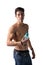 Athletic shirtless young man holding protein shake