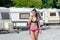 Athletic woman in caravan parking