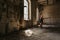 Athletic woman doing kettlebell lunge press in an old building