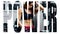 Athletic young woman showing muscles after workout in gym. Motivation sign.