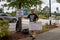 ATLANTA, UNITED STATES - Sep 25, 2020: An anti-vaccine protester stands outside of the CDC headquarters in Atlanta, Georgia with