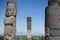 Atlantean figure and ancient columns at the archaeological sight in Tula