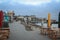 Atlantic coastline with jetty at dusk. Empty restaurant on the pier