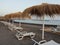 Atlantic ocean beach with palm umbrellas