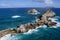 atlantic ocean in guadeloupe, pointe des chateaux view on the caribbean island la desirade rocks look like a dragon