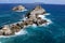 atlantic ocean in guadeloupe, pointe des chateaux view on the caribbean island la desirade rocks look like. Waves sea