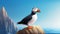 Atlantic Puffins bird or common Puffin in ocean blue background. Fratercula arctica. generative ai