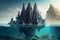 Atlantis lost continent underwater temples. Fantasy deep island illustration