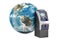 ATM with Earth Globe, global banking service concept. 3D