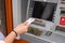 Atm machine screen. Hand holding money bank credit card. Withdraw money cash from atm. Money stack, bank credit card.