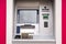 ATM, modern new cash machine frontal shot, front view, blank panel with an empty screen, object closeup, nobody