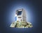 ATM surrounded by 100 dollar bankrolls Bank Cash Machine in pile of money american dollar bills isolated on dark blue gradient
