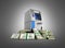 ATM surrounded by 100 dollar bankrolls Bank Cash Machine in pile of money american dollar bills isolated on dark gradient