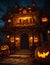 The Atmosphere of an Old House at Night with Orange Lights Shining with a Jack-O-Latern Pumpkins Halloween