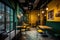 Atmospheric cafe in yellow-green colors, interior design. Generative AI