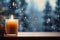 Atmospheric Christmas window sill decoration with white candle burning