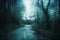 An atmospheric concept of a lonely road going through a forest on a spooky winters day. With a grunge, artistic edit