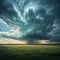 Atmospheric field, green weather sky, dramatic cloudscape, stormy landscape