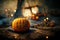 Atmospheric halloween pumpkin blurred candlelight AI generated