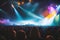 An atmospheric image of a music concert audience, featuring silhouettes of fans and misty stage lights in the background,