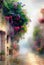 Atmospheric old town street full of flowers after rain, nostalgic beautiful oil painting art illustration. Generative Ai