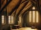 atmospheric painting of an old medieval period hall with wooden beams and light shining though tall windows. generative ai art