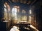 atmospheric painting of an old tudor period hall kitchen with plates and jars stacked on shelves and a wooden table in morning