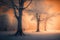 Atmospheric seasonal with snow covered tree silhouettes illustration design art
